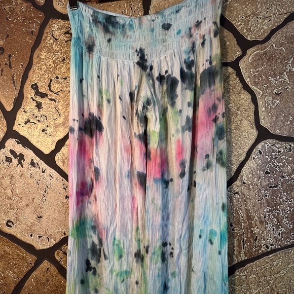 Hand Tie Dye cotton smocked textured soft beach pants wide leg 1 of a kind - Picture 3 of 9